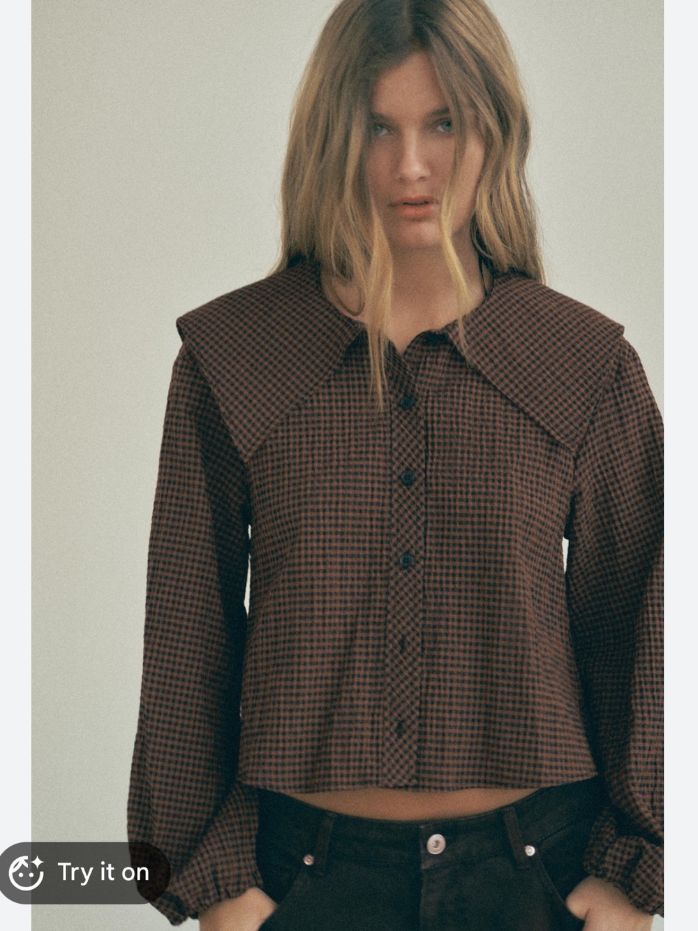 Zara Brown Check Button-Down Top with Oversized Collar